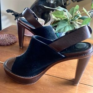 Cole Haan  Black suede strapped platform  clog size 6. 4 inch heel  open toe